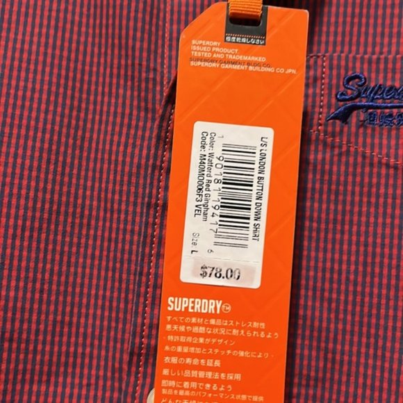 NEW Superdry Long Sleeve London Button Down Shirt Walford Red Gingham Large - Picture 4 of 10